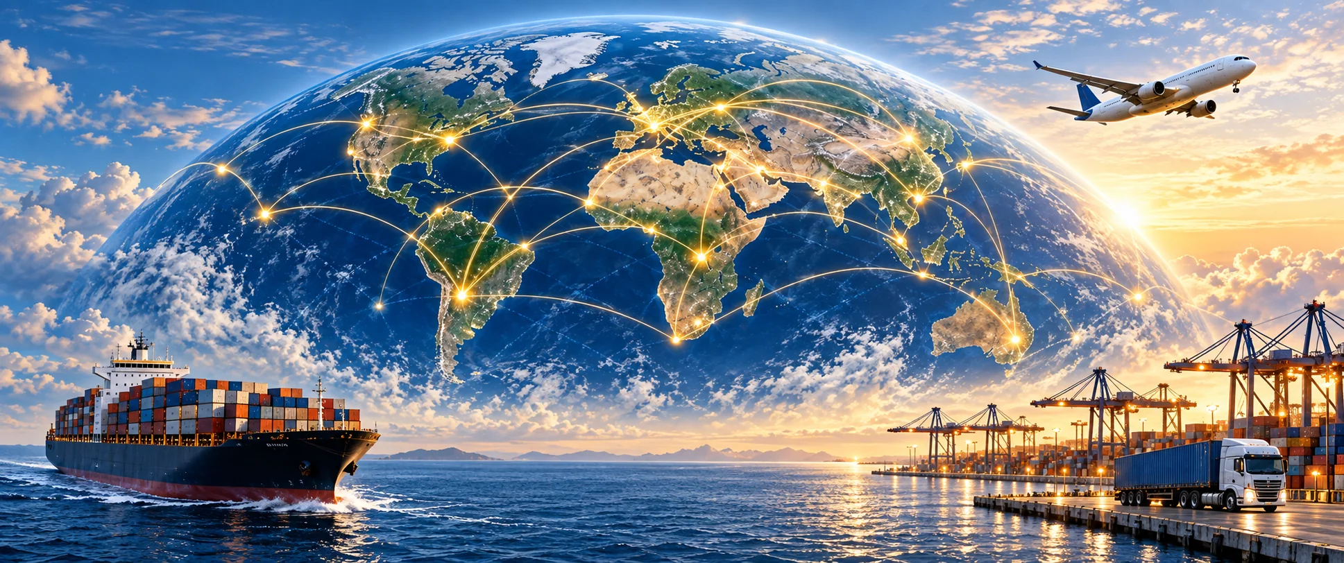 Global trade network with freight ship, aircraft and port connecting markets worldwide
